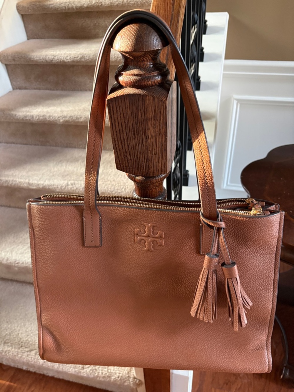 Tory Burch Chestnut Brown Pebbled Leather Tote with Tassel - Picture 8 of 10